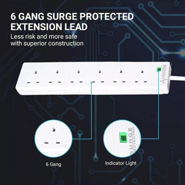 STATUS 6-Way Surge Protected Extension Socket, White, 2m Cord - Image 3
