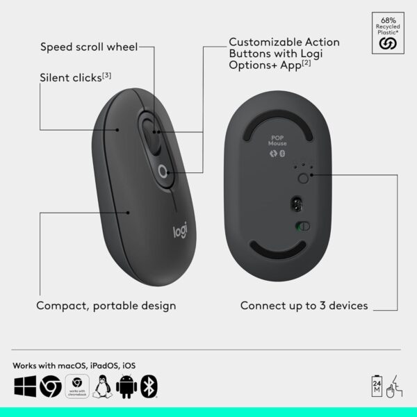 Logitech POP Mouse Bluetooth, Prog. Buttons, Quiet Click, 3-Device, Graphite - Image 5