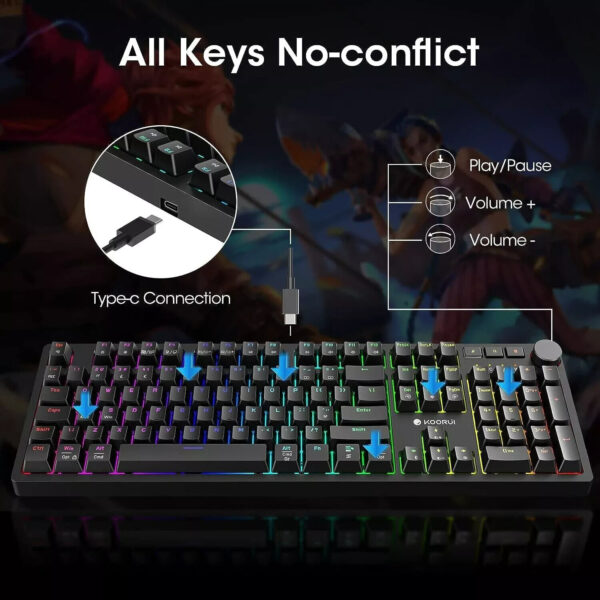 KOORUI MK104 Gaming Keyboards RGB Backlit Mechanical Keyboard Wired Brown SWITCH - Image 2