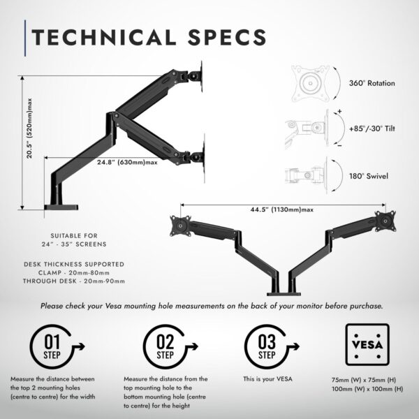 Invision Dual PC Monitor Arm Bracket Ergonomic Height Adjustable Gas Assisted - Image 6