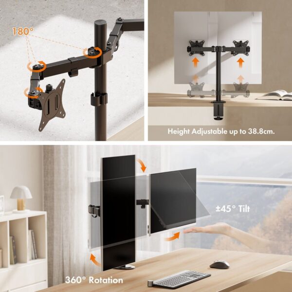 VonHaus Dual Monitor Stand Desk Clamp 13-32" | Tilt Swivel, Ht Adj, VESA75/100 - Image 3