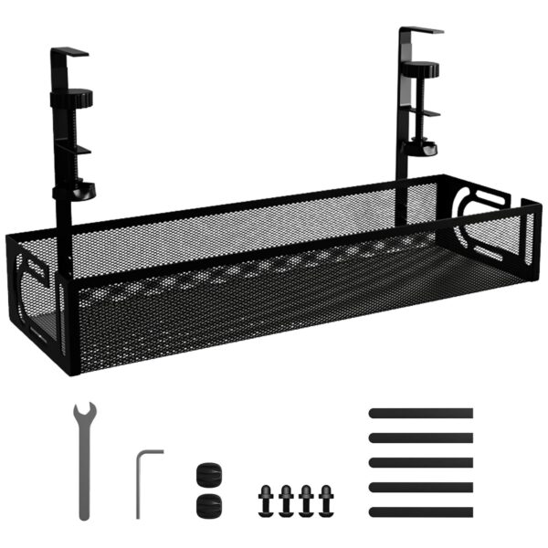 Mecmbj Under Desk Cable Management Tray – Clamp Mount, No-Drill, Mesh (Black)