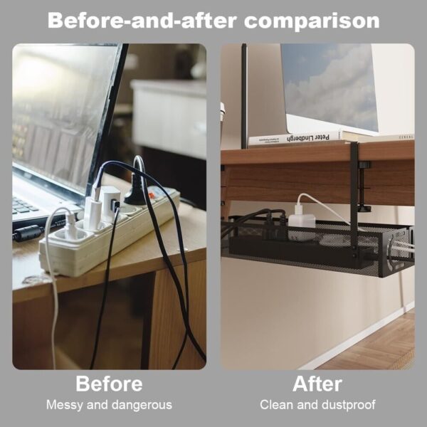 Mecmbj Under Desk Cable Management Tray – Clamp Mount, No-Drill, Mesh (Black) - Image 4
