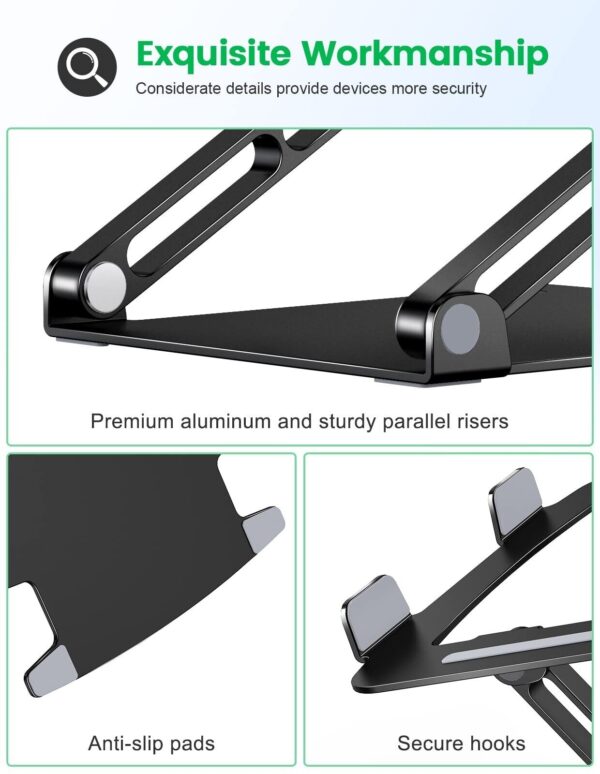 Glangeh Aluminum Dual-Axis Laptop Stand, Adjustable & Ventilated Riser, Black - Image 3