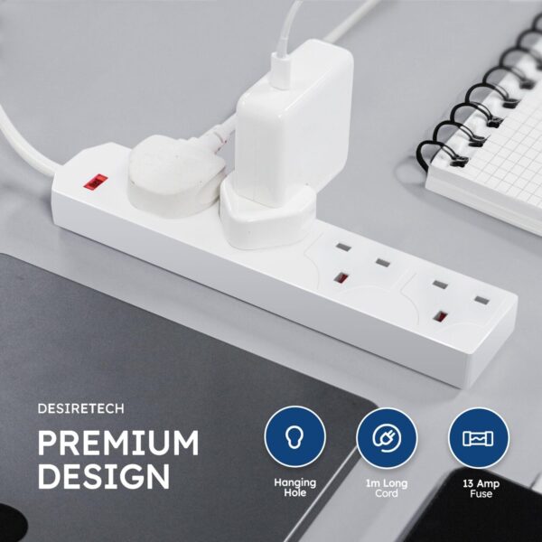 DESIRETECH White Electric Extension Lead - 4 Gang, 1 Metre Cable with UK Plug - Image 3