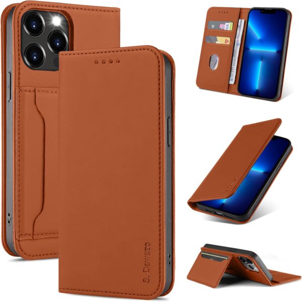 S. Dawezo iPhone 13 Pro Max Leather Wallet Case: Magnetic Flip, Card Holder, Stand