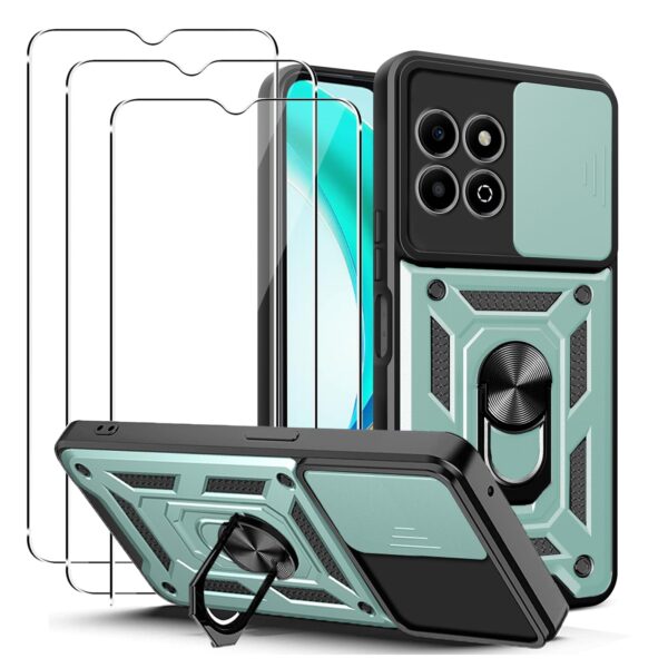 Carinacoco Honor X6b 4G Case: 3X Tempered Glass, Ring Stand, Slide Cam, Green