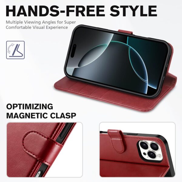 TUCCH Dark Red Leather Wallet Case iPhone 16 Pro Max 6.9" w/ RFID & Strap - Image 2