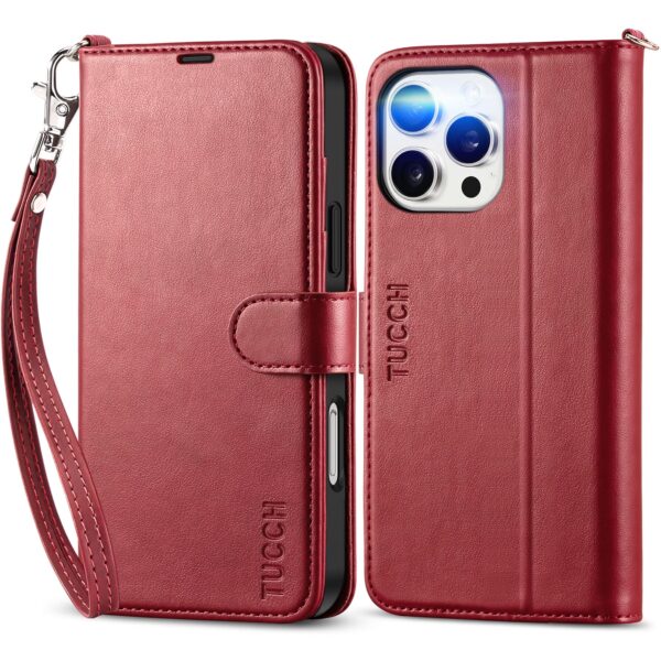 TUCCH Dark Red Leather Wallet Case iPhone 16 Pro Max 6.9" w/ RFID & Strap